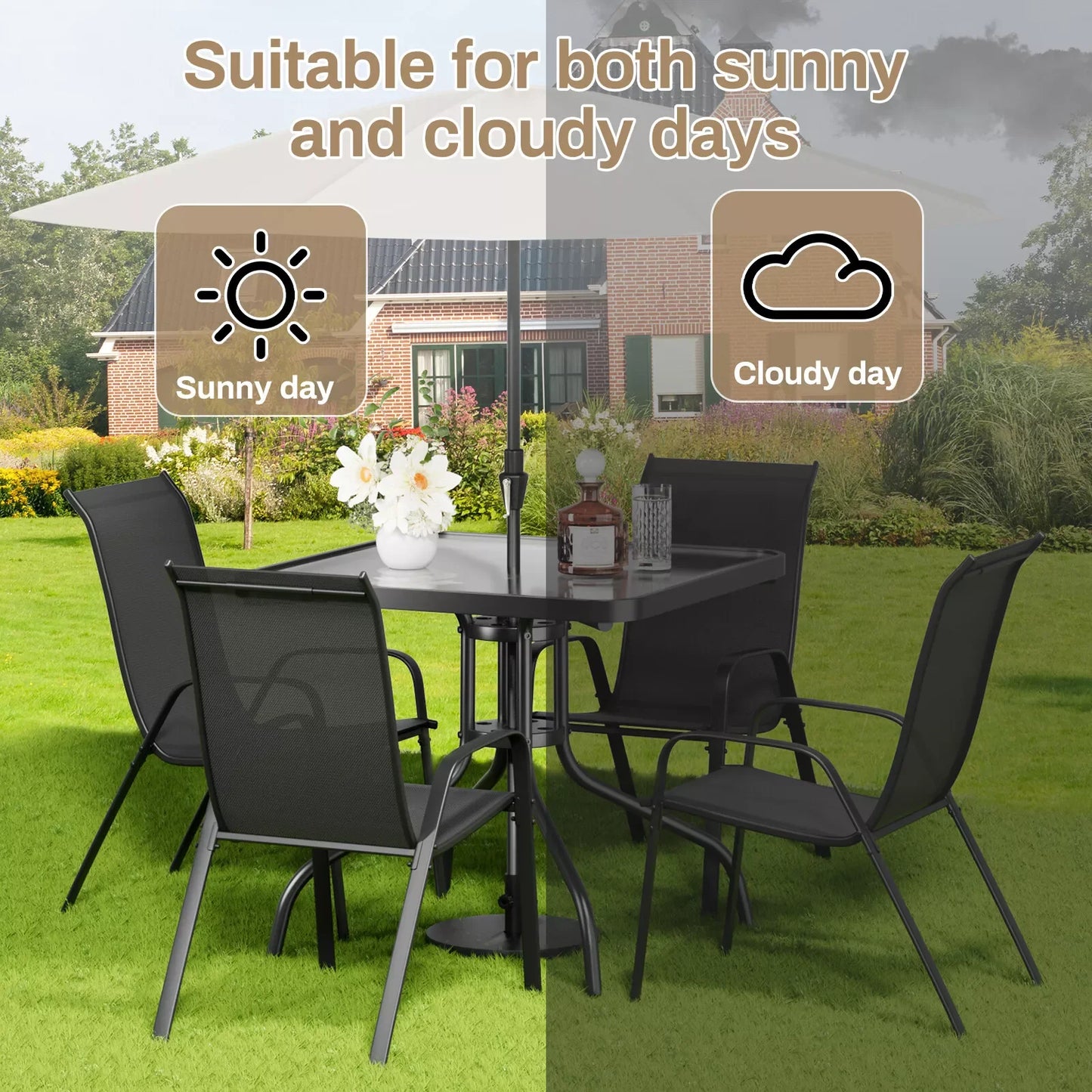 5-Piece Patio Dining Set Outdoor Furniture with Stackable Textilene Chairs & Glass Table