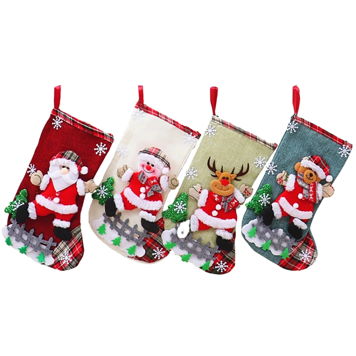4Pcs Christmas Stockings Set – Santa, Snowman, Bear & Elk