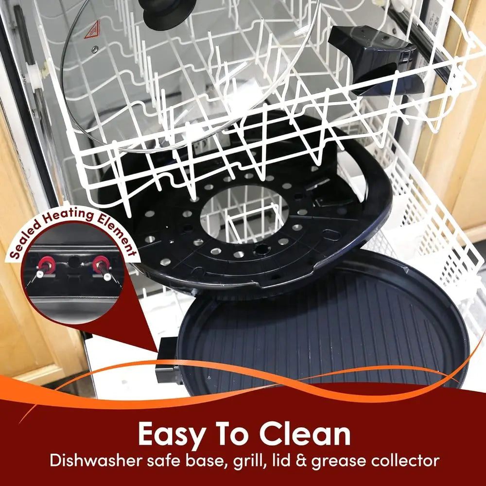 EMG-980B Smokeless Electric Tabletop Grill Nonstick, 6-Serving, Dishwasher Safe Removable Grilling Plate, Indoor Grill with Tempered Glass Lid