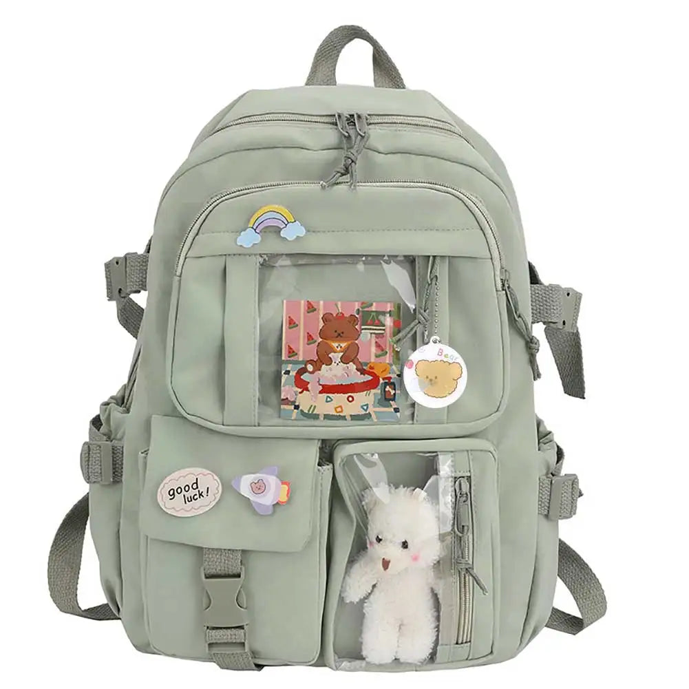 Kawaii Nylon College Backpack with Plush Pendant and Pins – Large Capacity Student Schoolbag
