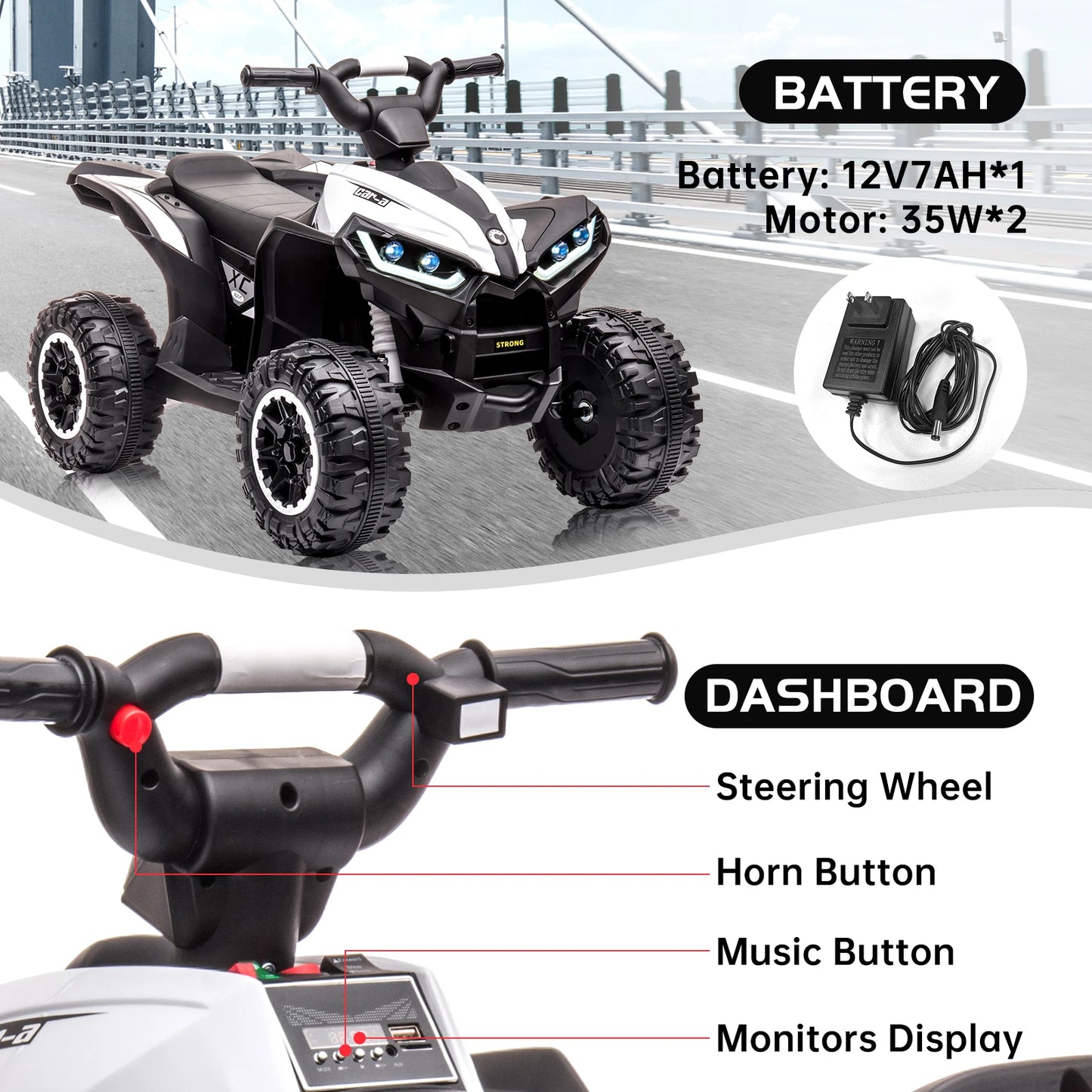 12V Kids Ride-On ATV Quad – Electric Four-Wheeler with Dual Motors, LED Lights, USB Music, and Treaded Tires for Ages 3–6