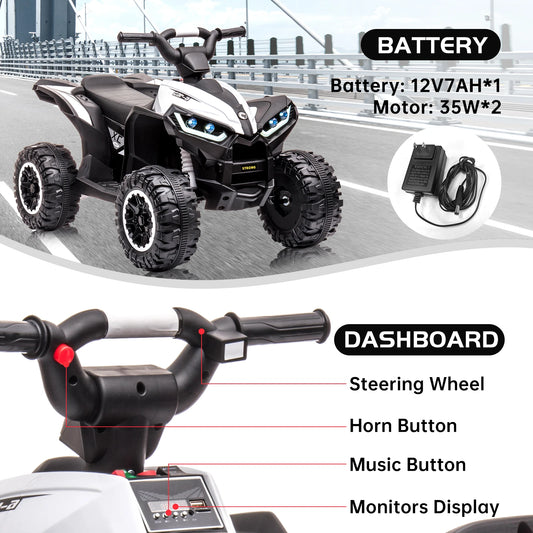 12V Kids Ride-On ATV Quad – Electric Four-Wheeler with Dual Motors, LED Lights, USB Music, and Treaded Tires for Ages 3–6