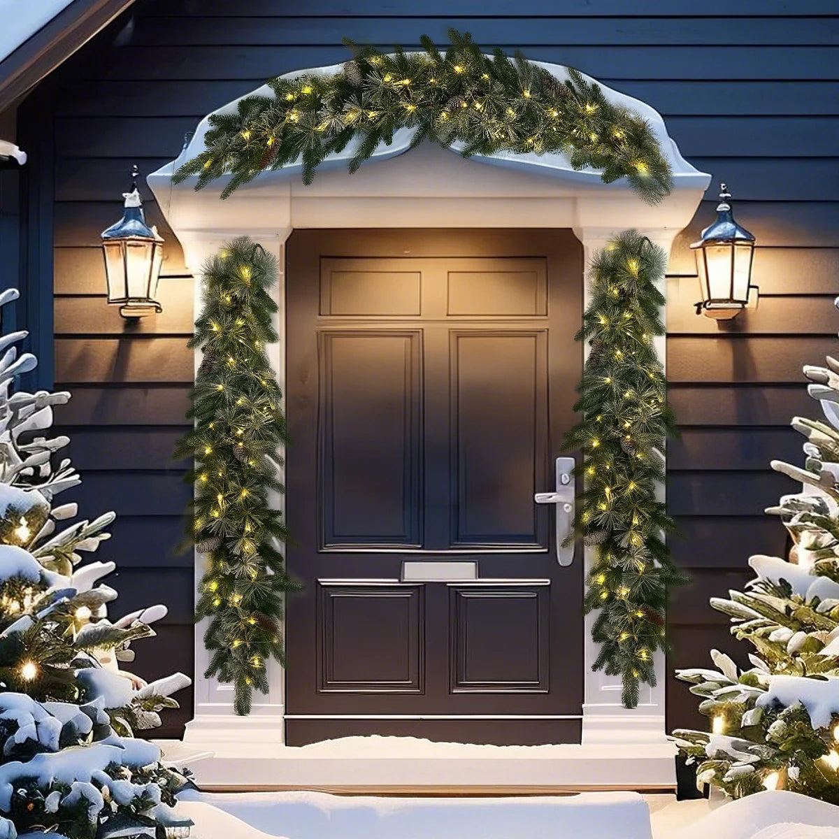 Pre-Lit Greenery Pine Cone Christmas Garland Flocked with Warm White Led Lights, Front Door Christmas Wreath, Teardrop Shape