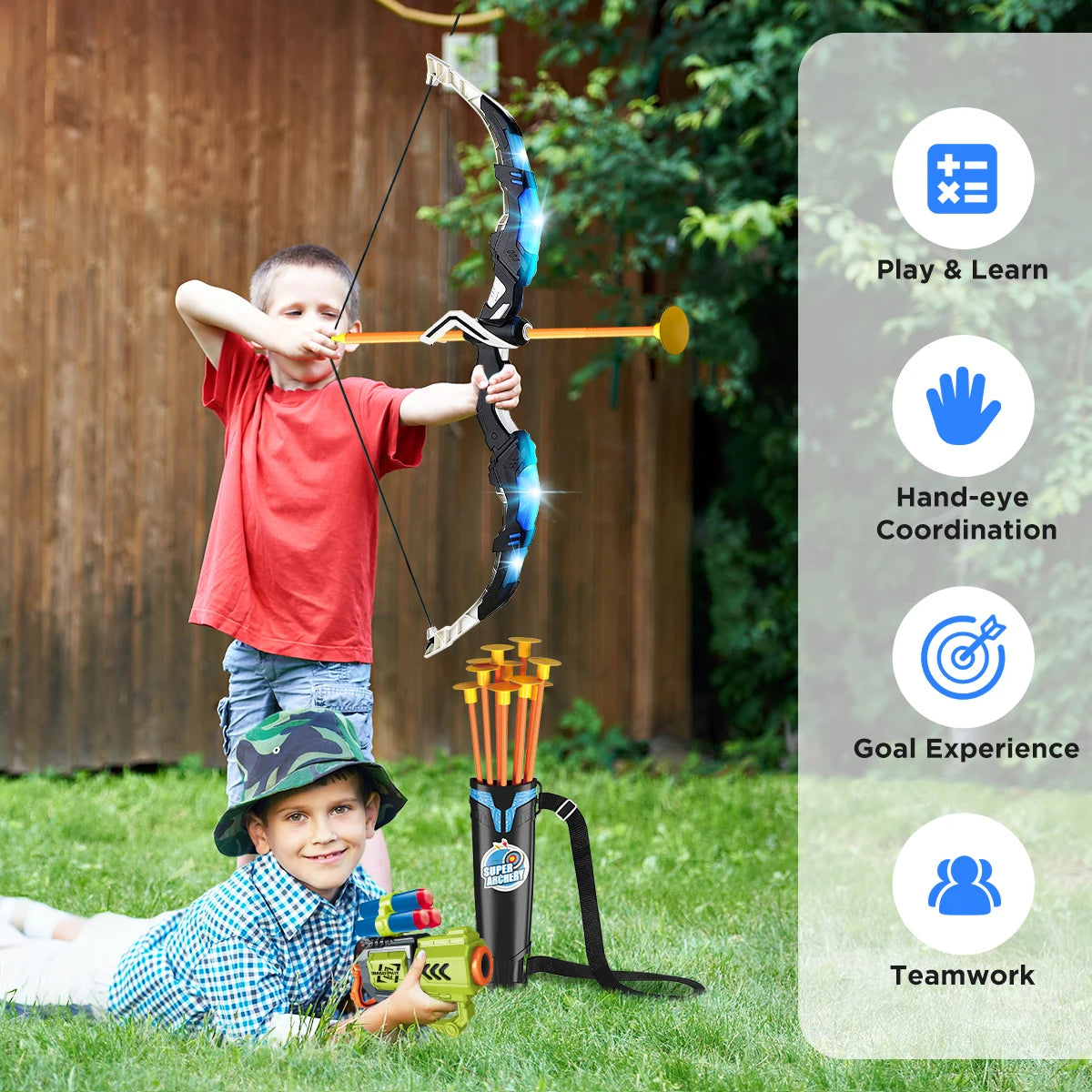 VATOS 2X Bow Arrow + Guns Toy For Kids Night-Light Archery Stand Target Board Indoor Outdoor Game Toys Boys Girls Gift