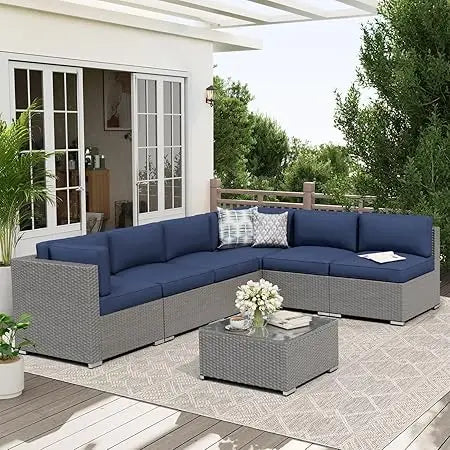 7-Piece Outdoor Patio Furniture Set – Wicker Sectional Sofa with Cushions & Glass Coffee Table