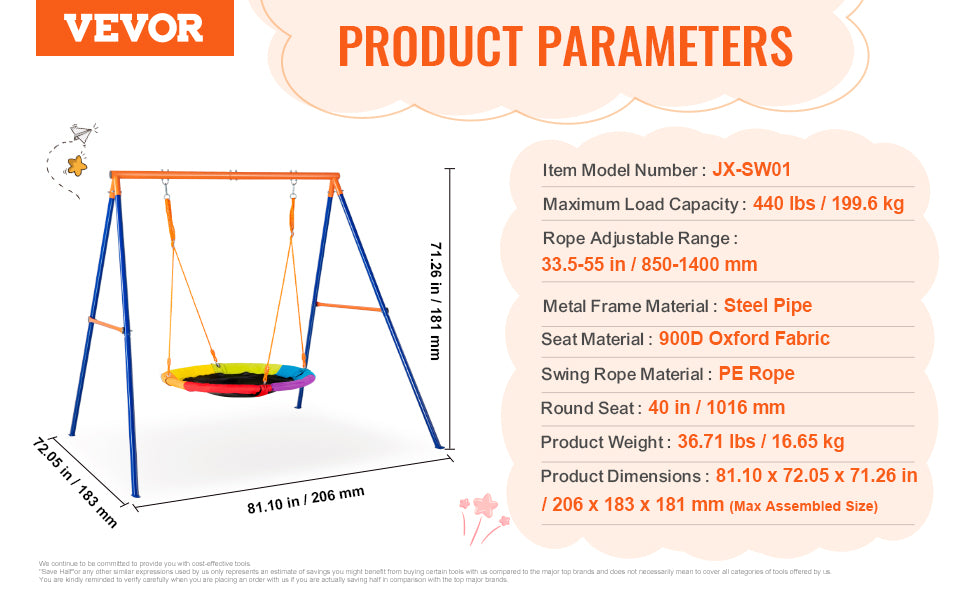 VEVOR 3-in-1 Heavy-Duty Swing Set for Backyard – 600lbs Capacity Outdoor Playset with Saucer & Belt Swings – Rust & Water Resistant, Easy Assembly for 3 Kids
