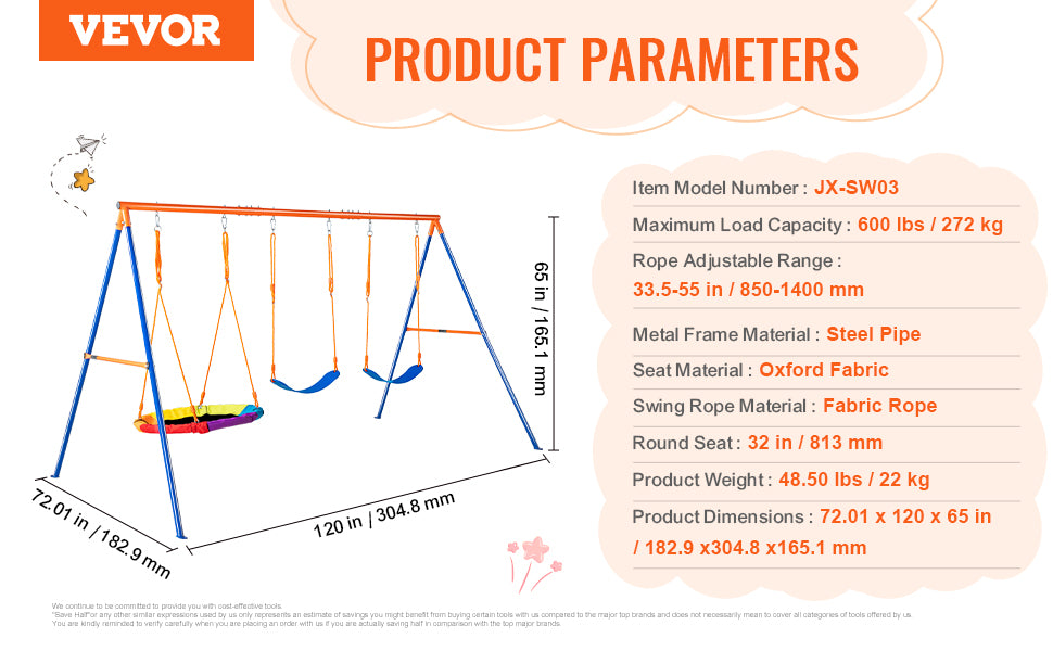 VEVOR 3-in-1 Heavy-Duty Swing Set for Backyard – 600lbs Capacity Outdoor Playset with Saucer & Belt Swings – Rust & Water Resistant, Easy Assembly for 3 Kids