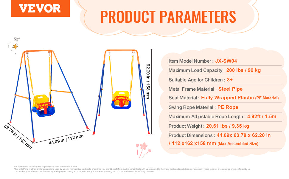 VEVOR 3-in-1 Heavy-Duty Swing Set for Backyard – 600lbs Capacity Outdoor Playset with Saucer & Belt Swings – Rust & Water Resistant, Easy Assembly for 3 Kids