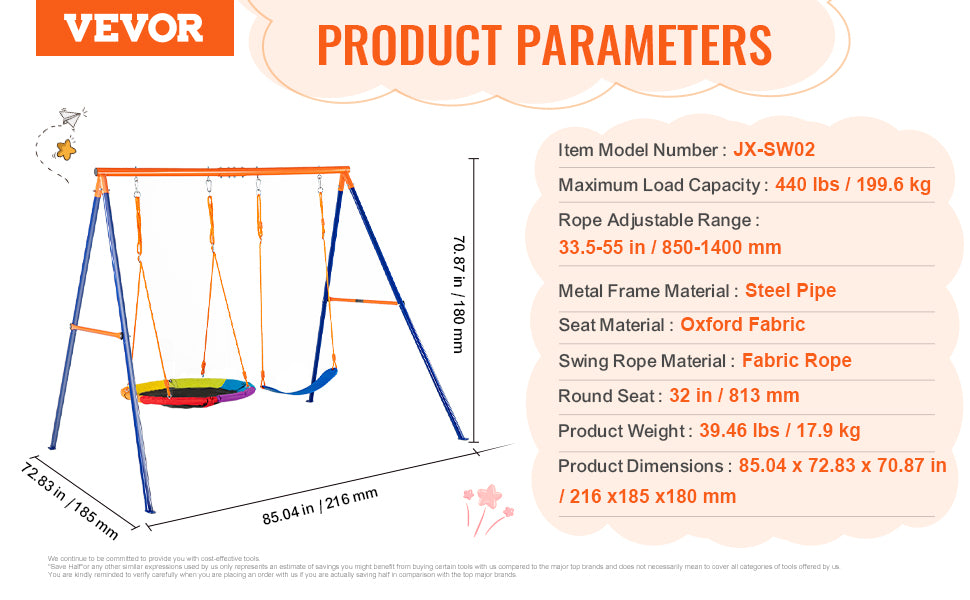 VEVOR 3-in-1 Heavy-Duty Swing Set for Backyard – 600lbs Capacity Outdoor Playset with Saucer & Belt Swings – Rust & Water Resistant, Easy Assembly for 3 Kids