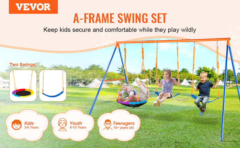 VEVOR 3-in-1 Heavy-Duty Swing Set for Backyard – 600lbs Capacity Outdoor Playset with Saucer & Belt Swings – Rust & Water Resistant, Easy Assembly for 3 Kids