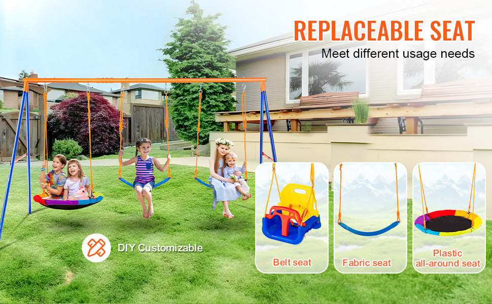 VEVOR 3-in-1 Heavy-Duty Swing Set for Backyard – 600lbs Capacity Outdoor Playset with Saucer & Belt Swings – Rust & Water Resistant, Easy Assembly for 3 Kids