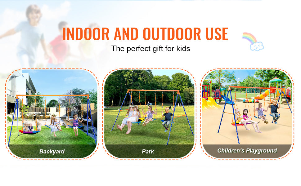 VEVOR 3-in-1 Heavy-Duty Swing Set for Backyard – 600lbs Capacity Outdoor Playset with Saucer & Belt Swings – Rust & Water Resistant, Easy Assembly for 3 Kids