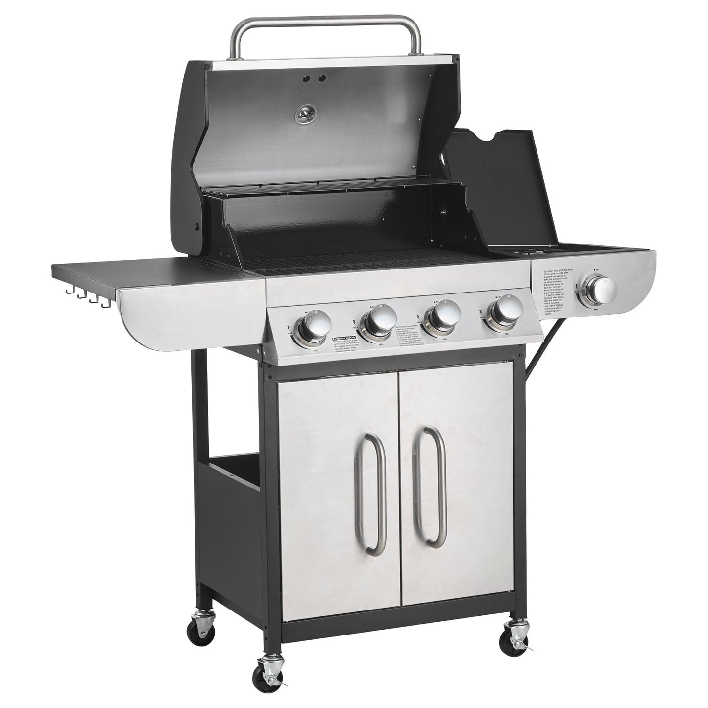 Gas Grill, 4 Burner Propane Gas Grill With Side Burner, 425 SQ.In Grilling Area, Carbon Steel Enamel Grates, Outdoor 52,000 BTU Patio Garden BBQ Grills With Two Side Shelves, Stainless Steel