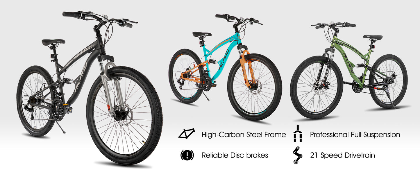 Hiland 26” Full Suspension Mountain Bike 21-Speed Dual Disc Brake Bicycle