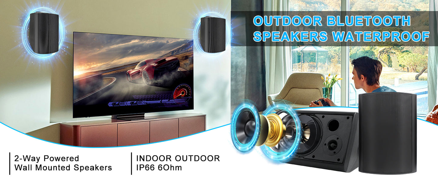 800W Outdoor Bluetooth Speakers Waterproof Wall Mount – 6.5" Dual Speakers with Powerful Bass & Swivel Brackets (Set of 4)