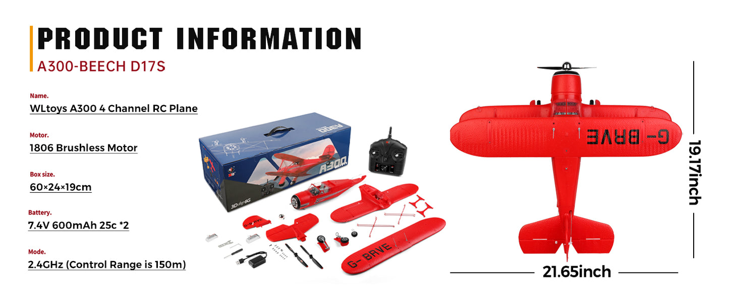 WLtoys A300 Beechcraft D-17 RC Plane – 4 Channel Brushless Remote Control Airplane with Lights, Dual Batteries, 2.4GHz Radio System