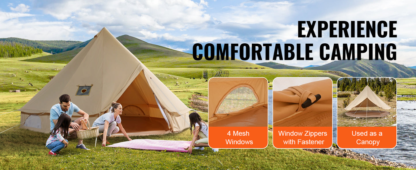SucceBuy 16.4FT Canvas Bell Tent for Camping – 4 Season Yurt Tent with Stove Jack, Breathable TC Cotton, Sleeps Up to 8 People