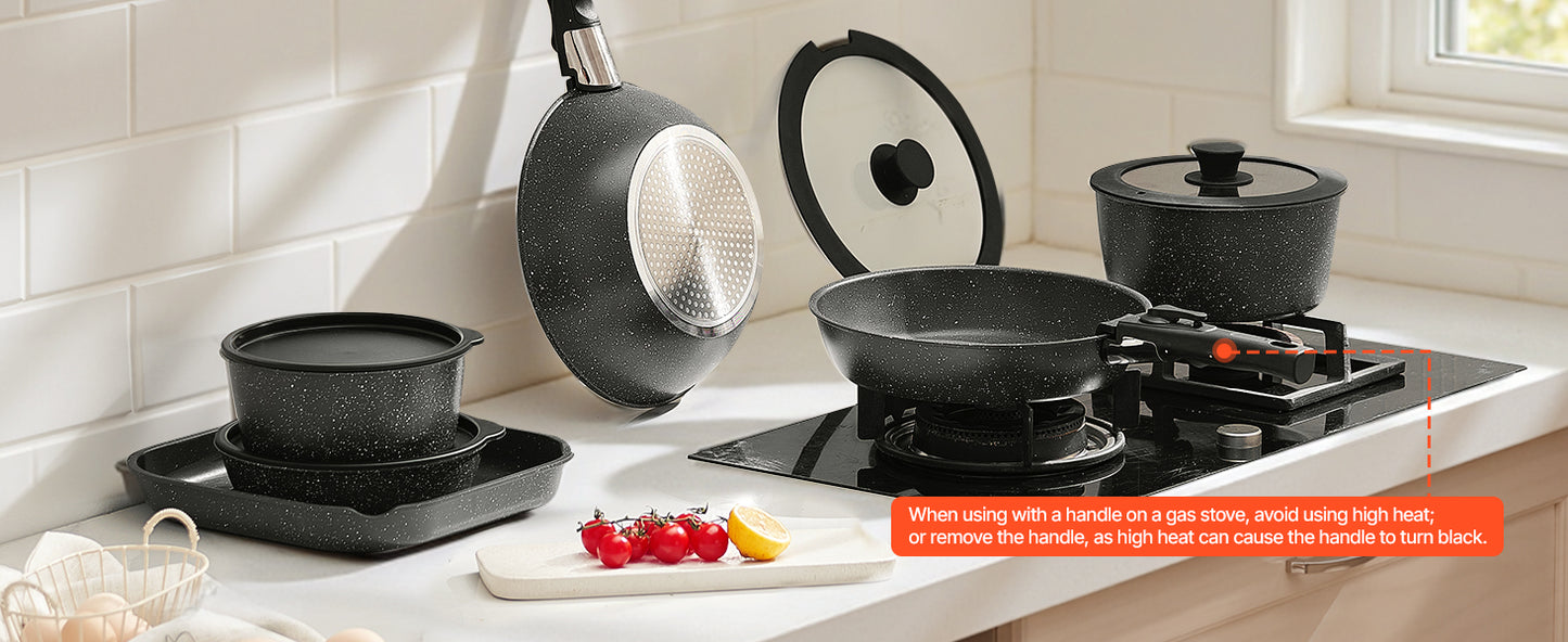 VEVOR 17-Piece Nonstick Cookware Set – Granite Stone Coating, Removable Handle, Induction Compatible, Space-Saving Design