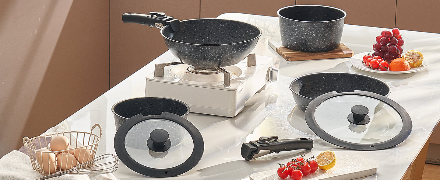 VEVOR 17-Piece Nonstick Cookware Set – Granite Stone Coating, Removable Handle, Induction Compatible, Space-Saving Design