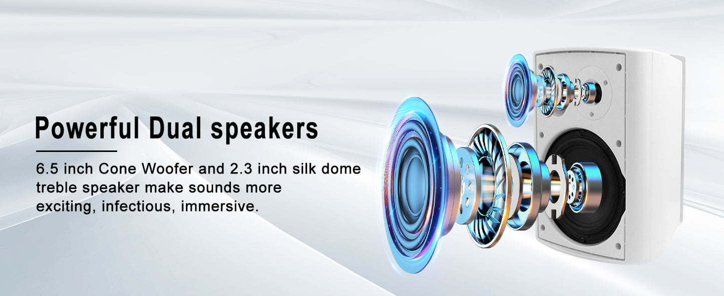 800W Outdoor Bluetooth Speakers Waterproof Wall Mount – 6.5" Dual Speakers with Powerful Bass & Swivel Brackets (Set of 4)