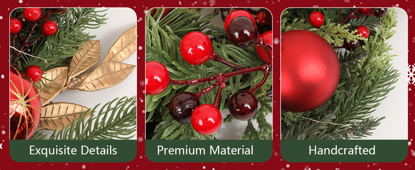 Battery Operated Christmas Wreath 24 Inch  No Cords Needed  50 LED Lights & Shatterproof Berry/Ball Decor, Perfect for Outdoor F