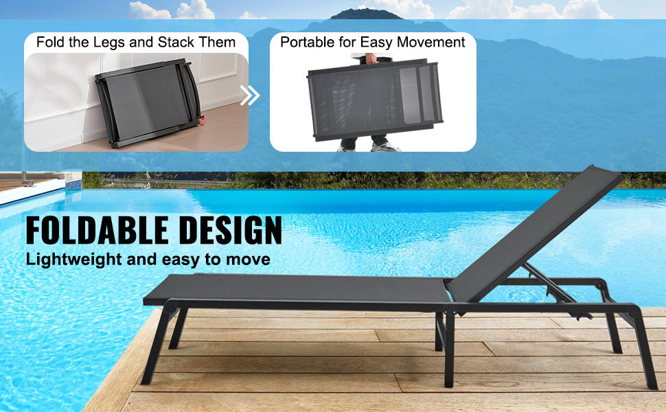 SucceBuy Chaise Lounge Chair Outdoor Aluminum Patio Lounge Folding Pool Lounge Recliner Full Flat