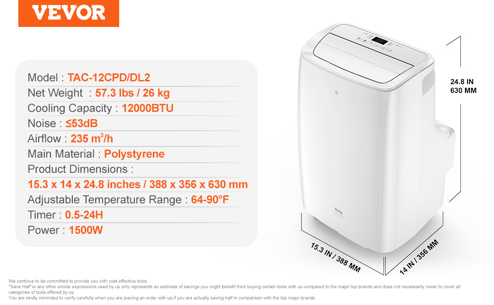 VEVOR 12,000 BTU Portable Air Conditioner – 3-in-1 Cooling, Dehumidifier & Fan for 550-700 Sq. Ft.