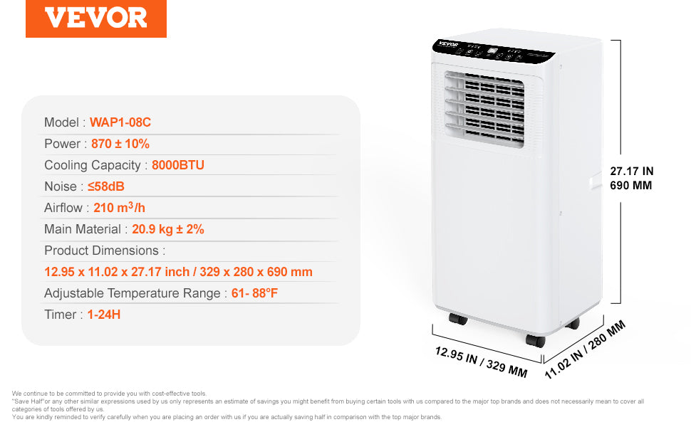 VEVOR 12,000 BTU Portable Air Conditioner – 3-in-1 Cooling, Dehumidifier & Fan for 550-700 Sq. Ft.