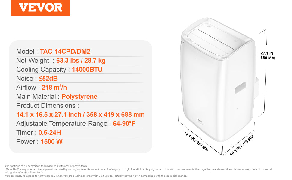 VEVOR 12,000 BTU Portable Air Conditioner – 3-in-1 Cooling, Dehumidifier & Fan for 550-700 Sq. Ft.