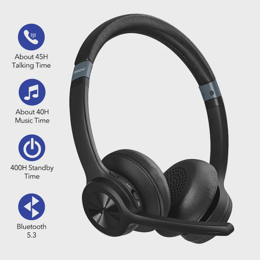 Mpow HC9 Bluetooth 5.3 Wireless Headset with Noise-Cancelling Mic & 45H Battery Life