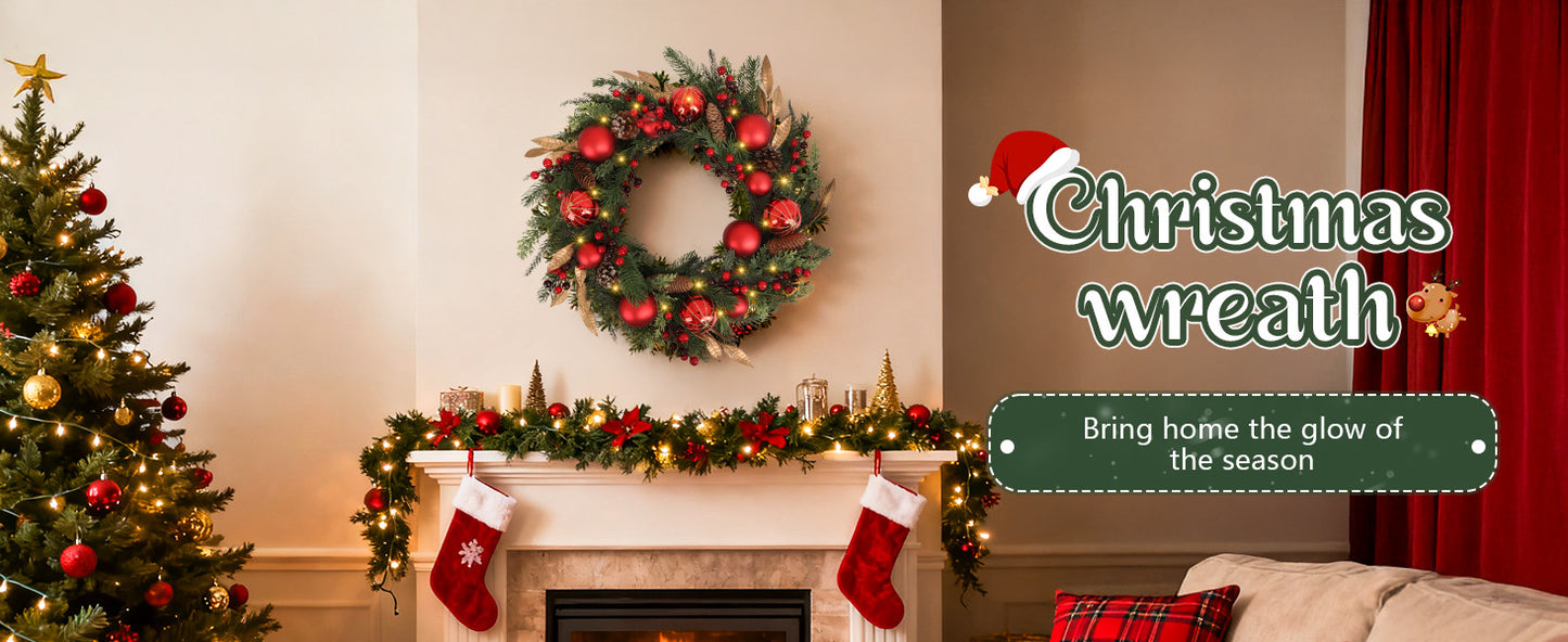 Battery Operated Christmas Wreath 24 Inch  No Cords Needed  50 LED Lights & Shatterproof Berry/Ball Decor, Perfect for Outdoor F