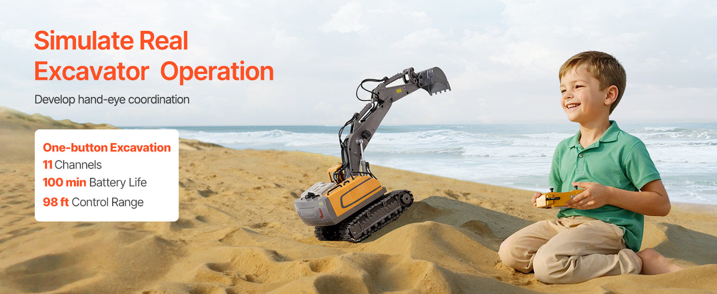 1:20 RC Excavator – 11 Channel Construction Vehicle with Sounds & LED Lights