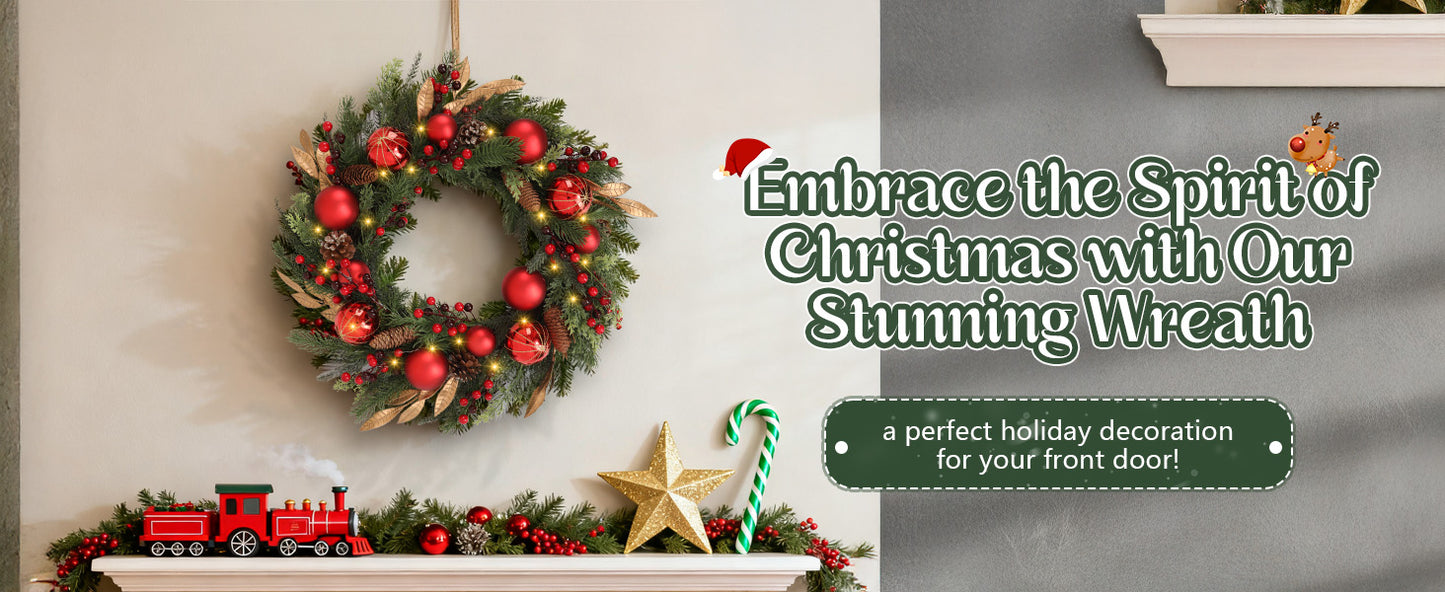 Battery Operated Christmas Wreath 24 Inch  No Cords Needed  50 LED Lights & Shatterproof Berry/Ball Decor, Perfect for Outdoor F