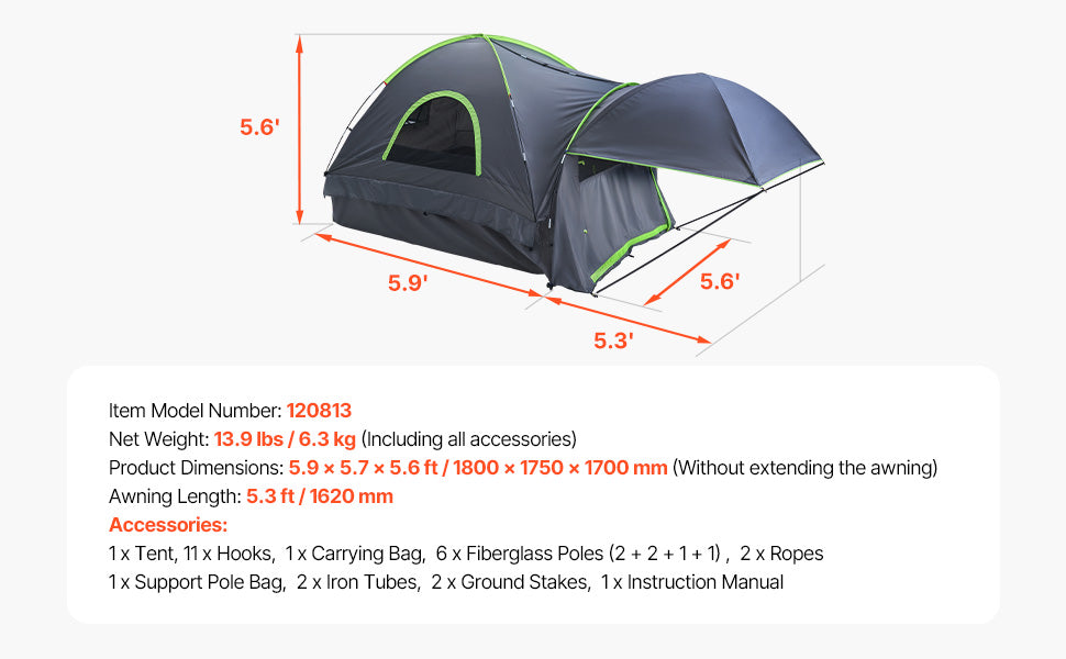 Pickup Truck Bed Tent with Awning – Waterproof Camping Tent for 2–3 Persons